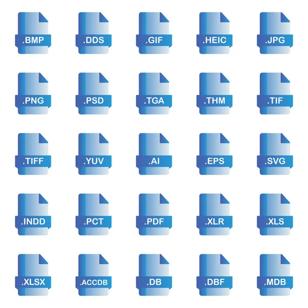 Set Icone Formati File Documenti Etichette Illustrazione Vettoriale — Vettoriale Stock