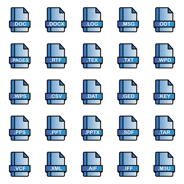 Conjunto Formatos Arquivo Documentos Ícones Etiquetas Ilustração Vetorial —  Vetores de Stock