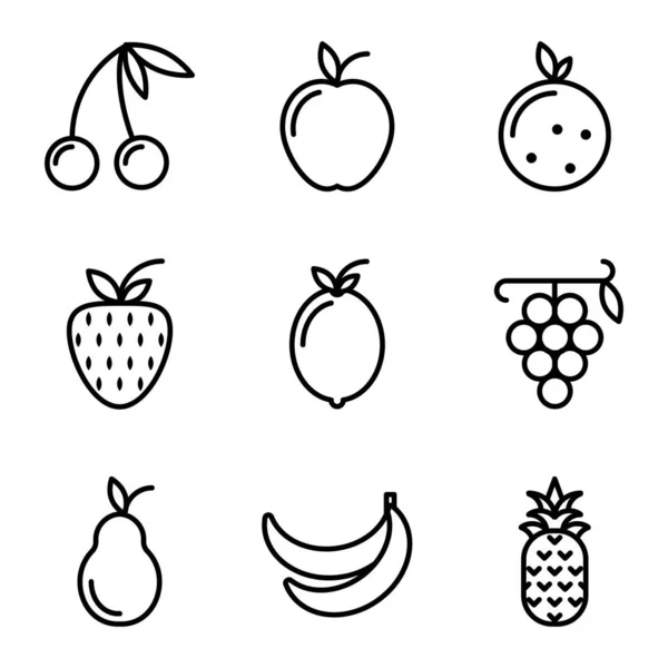 Conjunto Iconos Frutas Incluyen Frutas Cerezas Alimentos Alimentos Saludables Manzana — Vector de stock