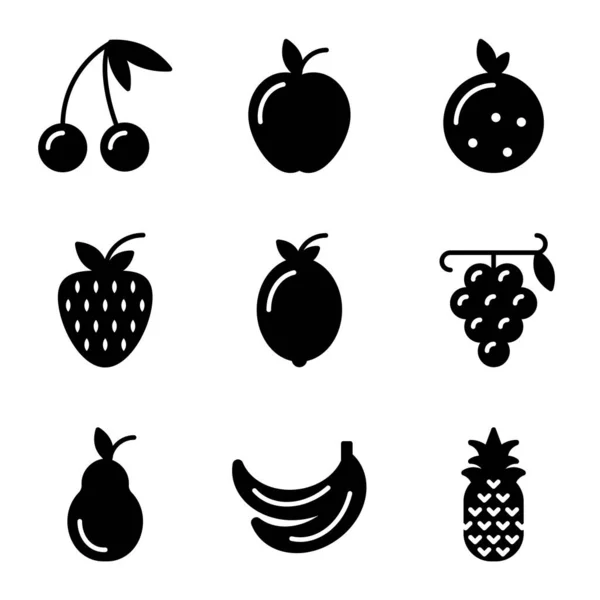 Obst Symbol Set Umfasst Obst Kirsche Lebensmittel Gesunde Ernährung Apfel — Stockvektor