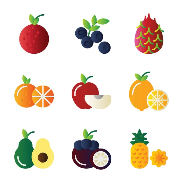 Ensemble Icônes Fruits Fruits Nourriture Aliments Sains Litchi Baie Bleue — Image vectorielle