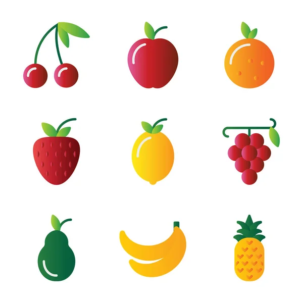 Conjunto Iconos Frutas Incluyen Frutas Cerezas Alimentos Alimentos Saludables Manzana — Archivo Imágenes Vectoriales