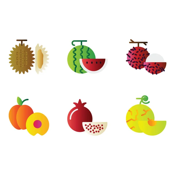 Ensemble Icônes Fruits Fruits Nourriture Aliments Sains Pastèque Rambutan Pêche — Image vectorielle