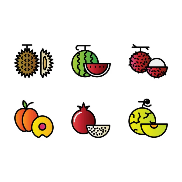 Zestaw Ikon Owocowych Owoce Żywność Zdrowa Żywność Arbuz Rambutan Brzoskwinia — Wektor stockowy