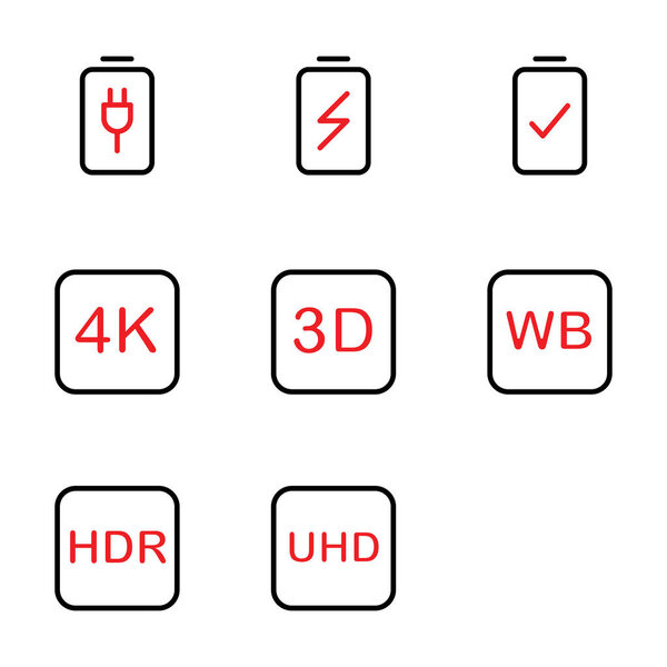 Набор иконок фоторедактора включает батарею, заряд, устройство, вилку, зарядку, энергию, электричество, камеру, установку, 4K, опциональную, картинку, изображение, баланс, камеру устройства, динамическую, дальность, высокую, устройство, ультра
