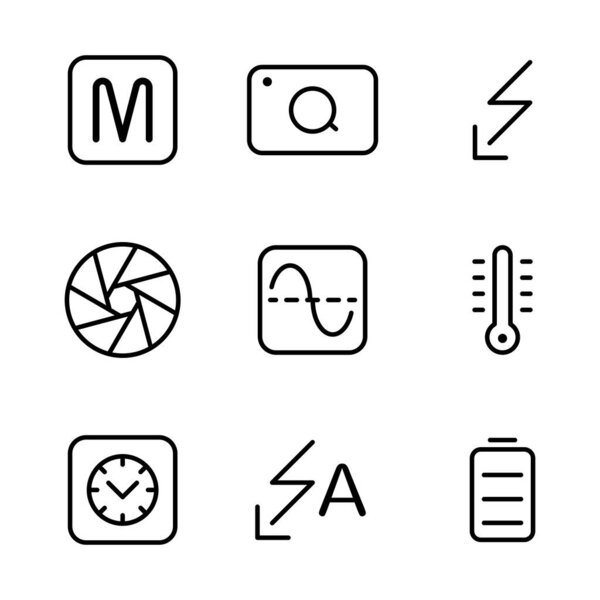 Набор иконок фоторедактора включает в себя камеру, ручной режим, опцию, устройство, фотографию, картинку, вспышку, затвор, фотограмму, кассету, фотофильтр, температуру, температуру, авторежим, аккумулятор, бары, энергию, среднюю температуру
