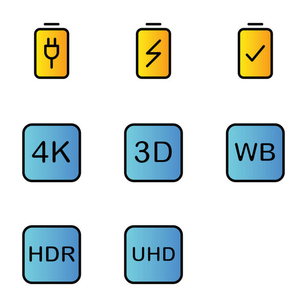Набор иконок фоторедактора включает батарею, заряд, устройство, вилку, зарядку, энергию, электричество, камеру, установку, 4K, опциональную, картинку, изображение, баланс, камеру устройства, динамическую, дальность, высокую, устройство, ультра
