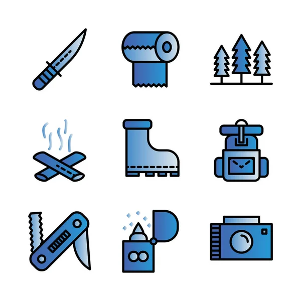 Estilo Esquema Conjunto Iconos Camping Que Incluye Cuchillo Leva Sobrevivir — Vector de stock