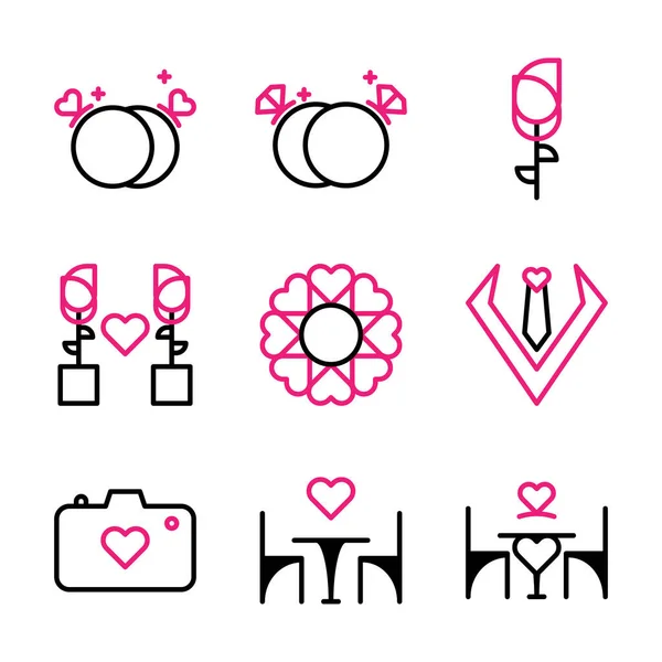 Icono Boda Vector Básico Incluyen Anillo Rosa Flor Corbata Cámara — Archivo Imágenes Vectoriales