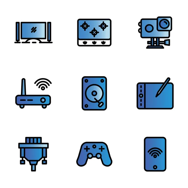 Ensemble Icônes Électroniques Moniteur Caméra Action Routeur Adaptateur — Image vectorielle