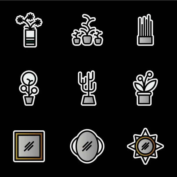 Meubilair Decoratie Pictogram Set Omvatten Plant Decoratie Spiegel Glas — Stockvector