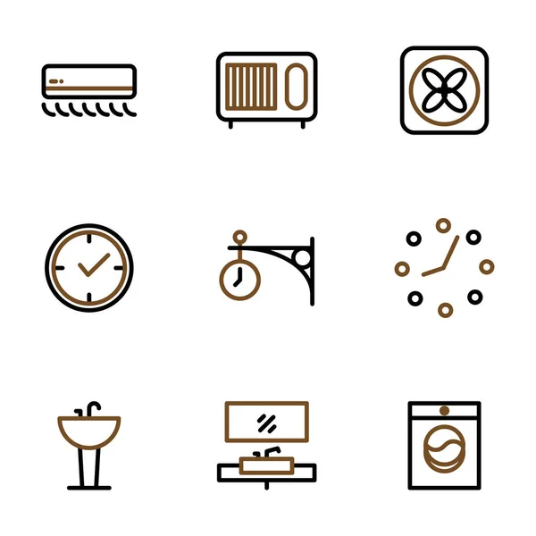 Conjunto Iconos Muebles Decoración Incluye Aire Acondicionado Reloj Lavabo Lavadora — Vector de stock