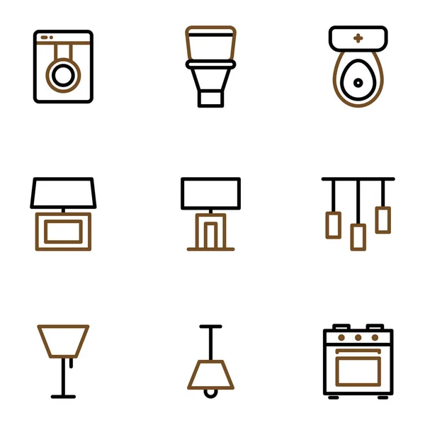 Möbel Und Dekoration Symbolset Gehören Waschmaschine Bad Tischlampe Beleuchtung Kronleuchter — Stockvektor