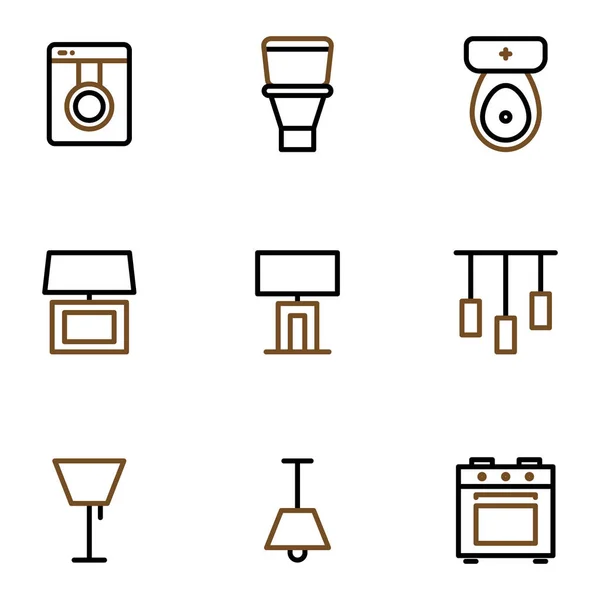 Meubilair Decoratie Pictogram Set Omvatten Wasmachine Badkamer Tafellamp Verlichting Kroonluchter — Stockvector