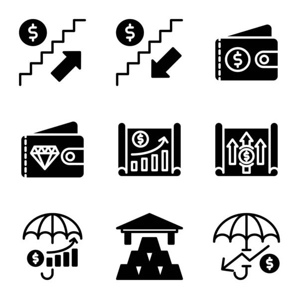 Ensemble Icônes Affaires Finance Escalier Croissance Portefeuille Banque Investissement Parapluie — Image vectorielle