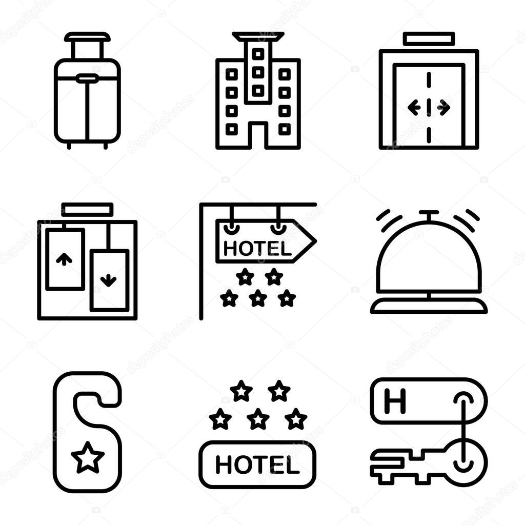 Hotel icon set include suitcase, luggage, bag, travel, hotel, apartment, room, lodging, elevator, lift, sign board, stars, bell, desk bell, receptionist, door hanger, knob, sign, door, hotel rating, hotel stars, rating, five stars, key hotel, key