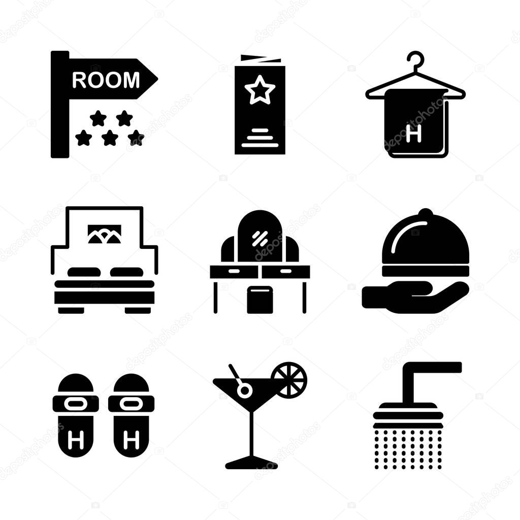 Hotel icon set include room, hotel, sign board, sign, menu, service, dinner, towel, hanger, bath towel, bed, sleep, apartment, table, dressing, furniture, dresser, delivery, support, slippers, footwear, cocktail, drink, cup, shower, bath hotel, bath