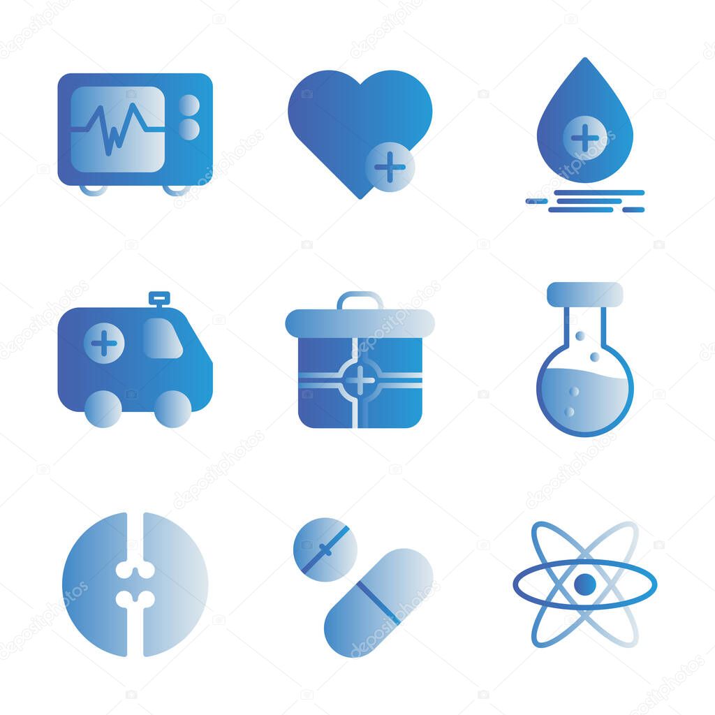 Medic icon set include cardiograph, doctor, medic, medical, health, heart, treatment, love, blood, donor, ambulance, car, aid, box, healthy, virus, bacteria, infection,lab, flask, bone, bones, x ray