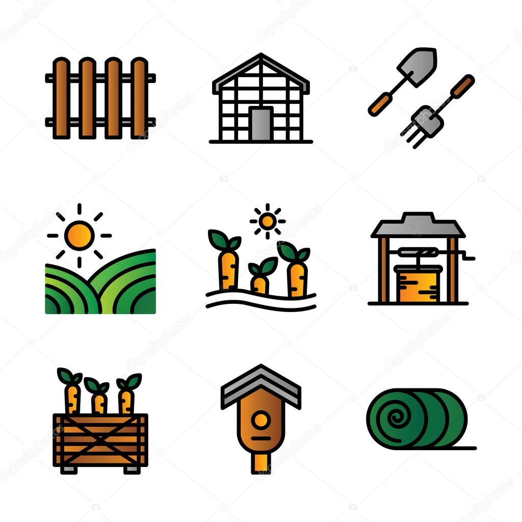 Agriculture icon set outline style including fence, barrier, picket, wooden, glass house, building, hydroponic, farming, garden, agriculture, plantation, farm, carrot, farmer, water, box, birdhouse