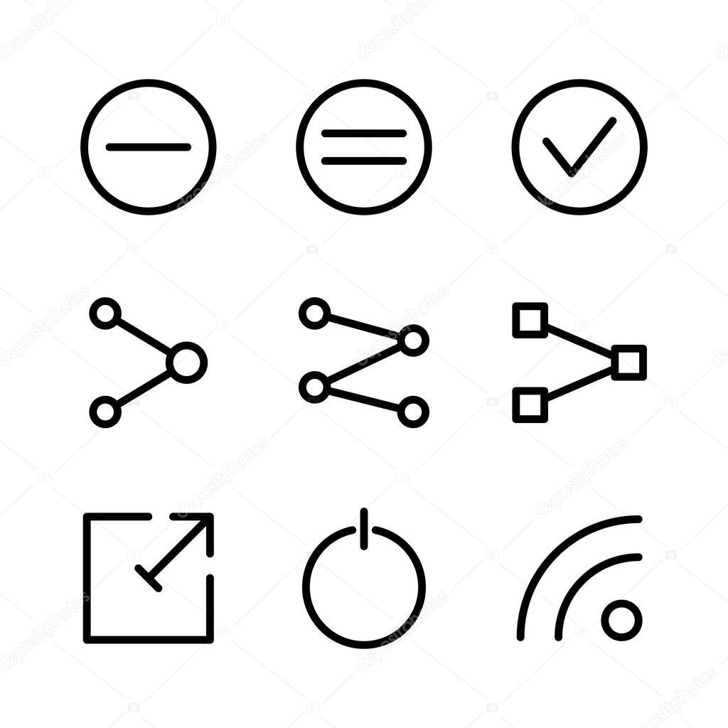 Basic user interface icon set outline include cancel, close, delete, minus, accept, check, success, share, social, link, media, power, off, energy, battery