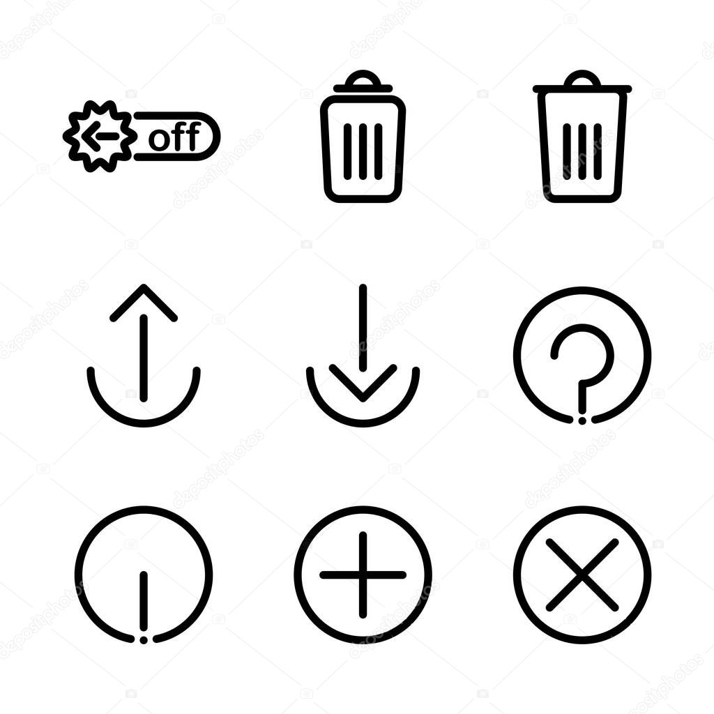 Basic user interface icon set outline include control, option, switch, toggle, remove, garbage, delete, bin, trash, arrow, upload,transfer,cloud,download,help,fag,support,question,warning,caution