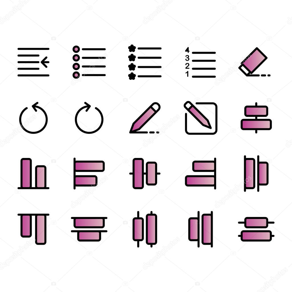 Editing text icon set include indent,bullet,numbering,list,eraser,undo,pen, pencil,draw,compose,write,bottom,distribute,top,select,editorial,alignment,