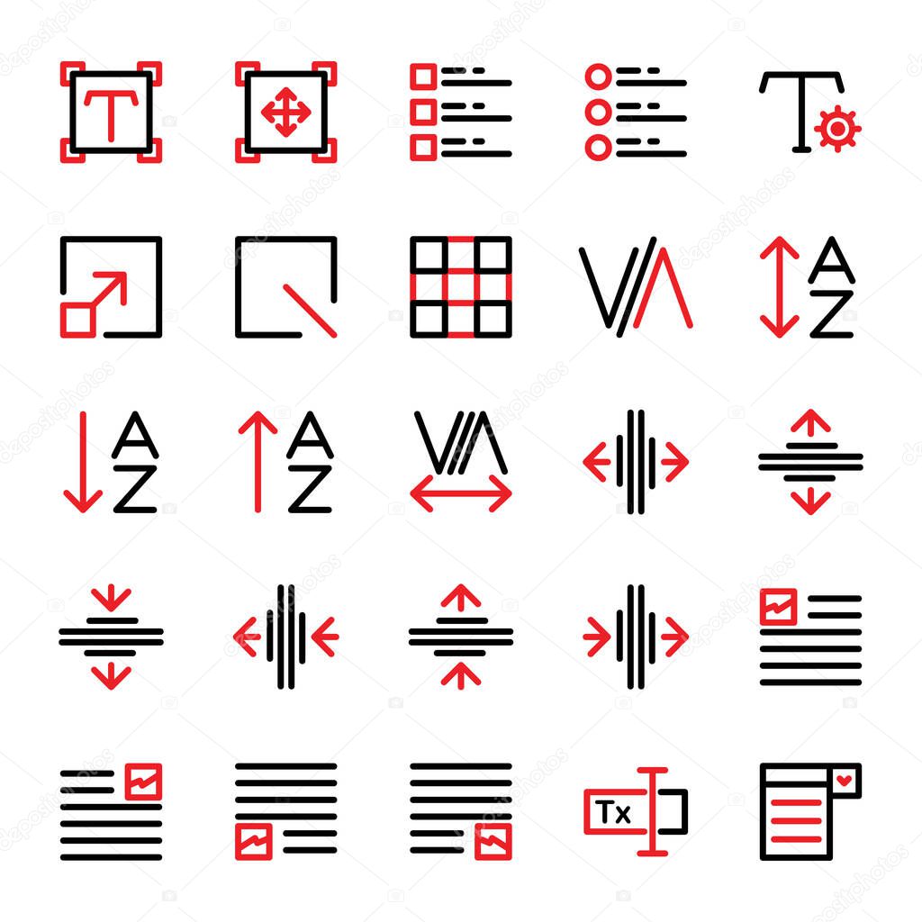 Editing text icon set include setting,scale,task,grid,fine,box,kerning,adjust,alphabet,sort,tracking,type,format,layout,image,form,input,form builder,drop down