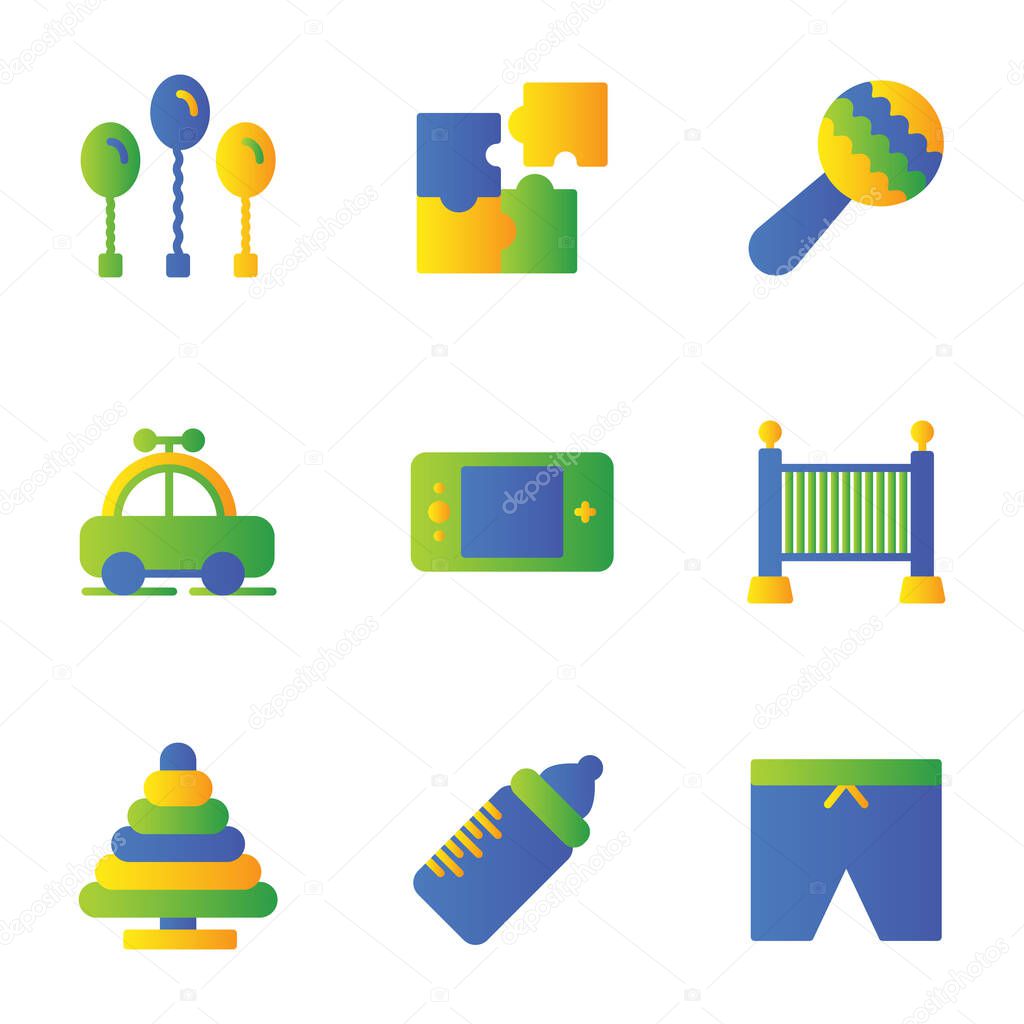 Child and Toy icon set include balloon, birthday, party, decoration, puzzle, game, toys, kids, rattle, baby, childhood, car, transportation, game boy, console, bed, born, sleeping, lego, ring, stack