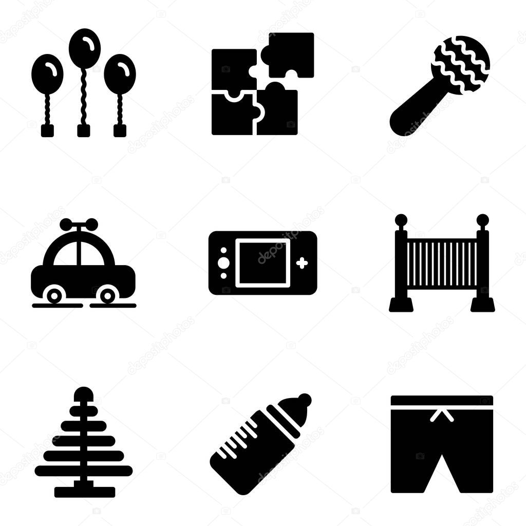 Child and Toy icon set include balloon, birthday, party, decoration, puzzle, game, toys, kids, rattle, baby, childhood, car, transportation, game boy, console, bed, born, sleeping, lego, ring, stack, feeding, milk, bottle, wear, clothes, summer