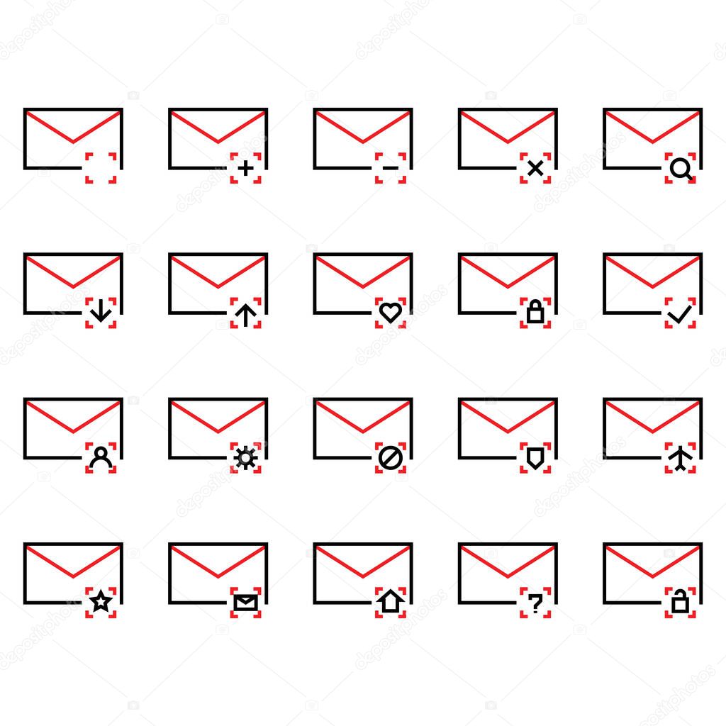 Mail and message icon set include mail,date, message, notification, plus, minus, cross, search, looking, download, arrow, receive, upload, hearth, lock, check, user, setting, personalize, block