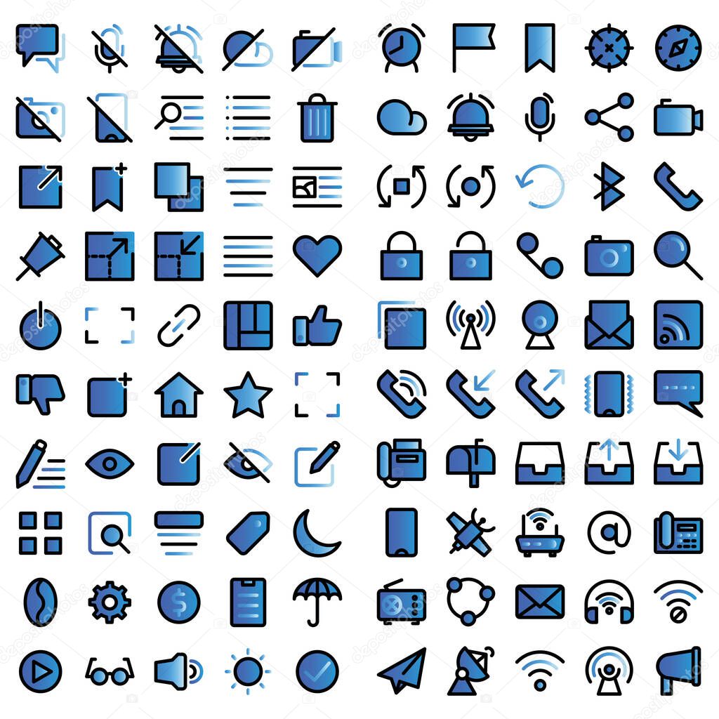 User interface icon set include alarm,checkpoint,bookmark,location,compass,cloud,alarm,podcast,share,video,rotate,arrows,restart,blue-tooth,call,padlock,mail,camera,magnifying,layer,signal,web cam,