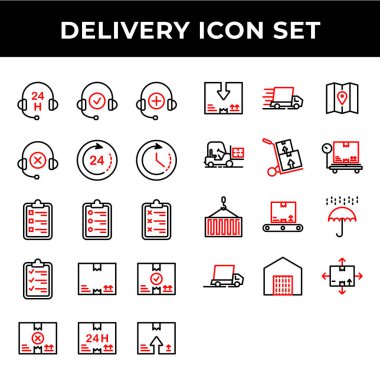 Teslimat simgesi seti; müşteri, pano, paket, teslimat, nakliye, forklift, ölçü, konteyner, envanter, şemsiye, depo