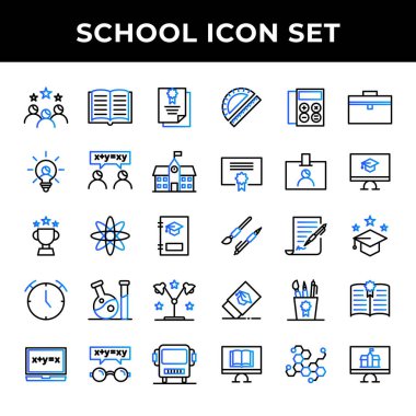 Okul simgesi seti mezuniyet, çalışma, sertifika, yaratıcılık, tartışma, okul, ödül, eğitim, kitap, saat, laboratuvar, çalışma, hesap makinesi, cetvel, sertifika, silgi, bilim