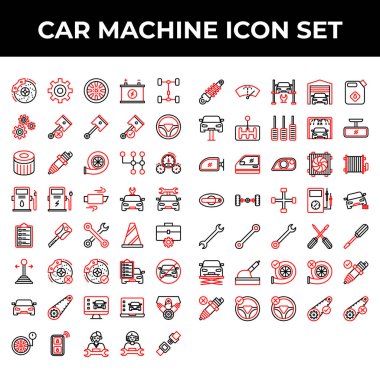 Otomobil makine simgesi seti arasında fren, dişli, tekerlek, pil, onarım, bölüm, piston, direksiyon, filtre, kıvılcım, turbo, şanzıman, hız göstergesi, yakıt, şarj, egzoz, araba, anahtar, alet çantası, koni, sopa