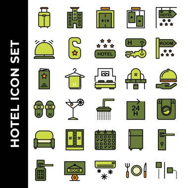 Otel simgesi seti bavul, otel, asansör, zil, kapı askısı, otel derecesi, otel odası, oda, menü, havlu, yatak, masa, teslimat, terlikler, duş, çamaşır, koltuk, mobilya, rezervasyon