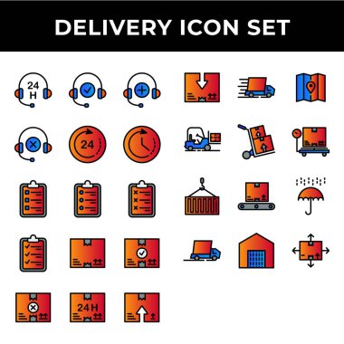 Teslimat simgesi seti; müşteri, pano, paket, teslimat, nakliye, forklift, ölçü, konteyner, envanter, şemsiye, depo