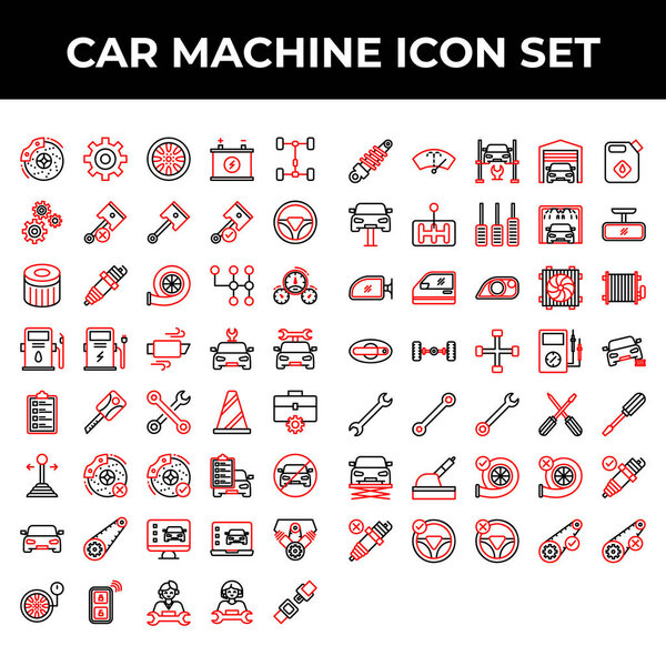 car machine icon set include brake, gear, wheel, battery, repair, part, piston, steering, filter, spark, turbo, transmission, speedometer, fuel, charge, exhaust, car, key, toolkit, cone, stick