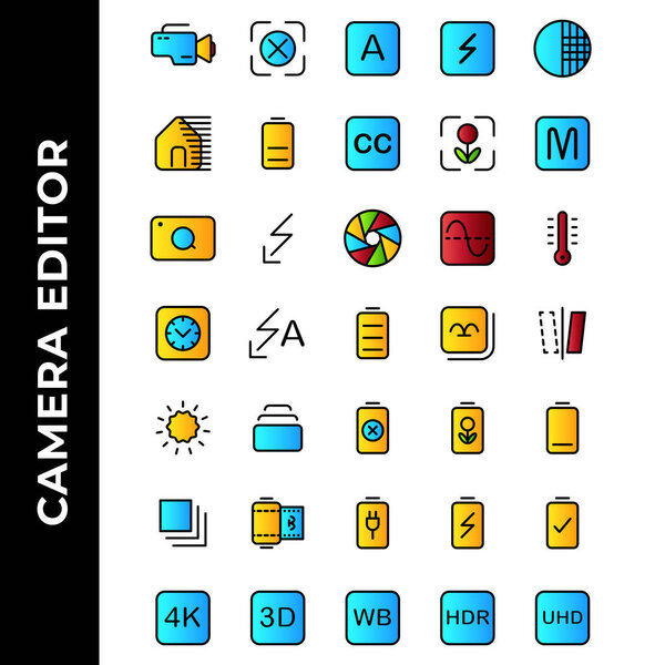 camera editor icon set include camera, flash, photo filter, power, resolution, gallery, image, battery