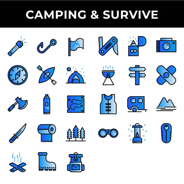Кемпинг Survive Icon Set Include Flashlight Fishing Flag Compass Kayak — стоковый вектор