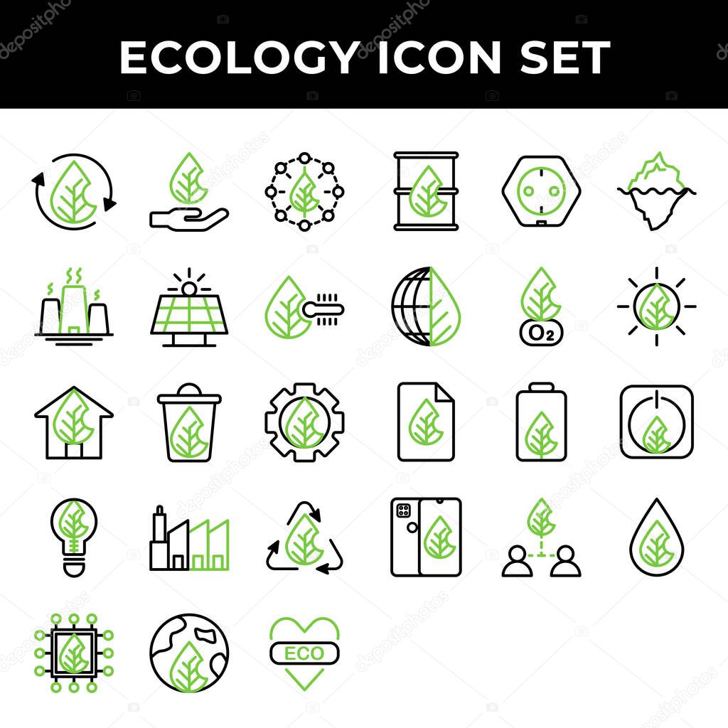 Ecology icon set include recycle, hand, power,solar panel,temperature,green house,recycle,setting,factory,processor,green earth,barrel,electric,mountain,oxygen,document,water