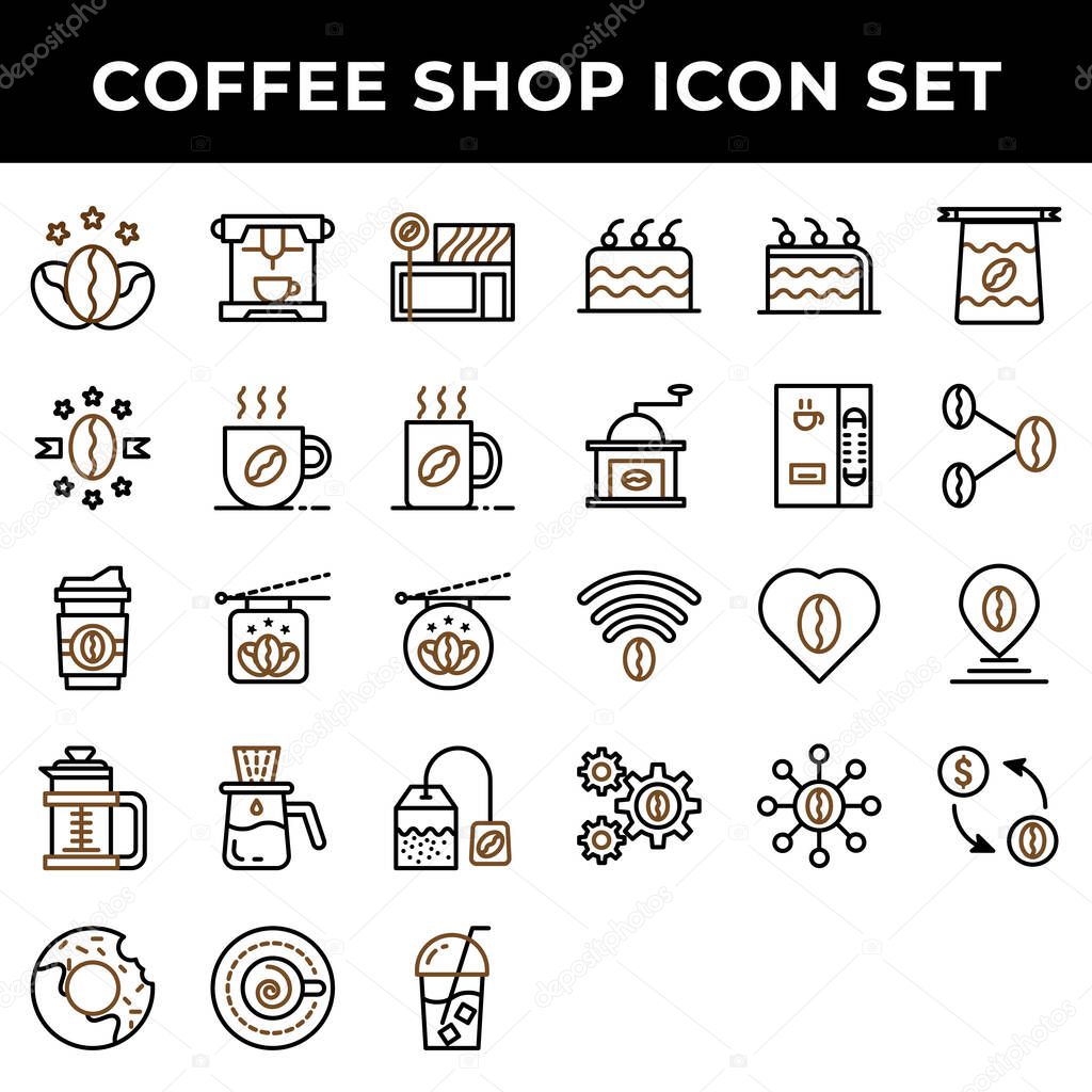 coffee shop icon set include premium coffee,espresso,cafe,mug,drink,cup,dropper,bag,cake,cake,bean,girder,love,pin,transaction