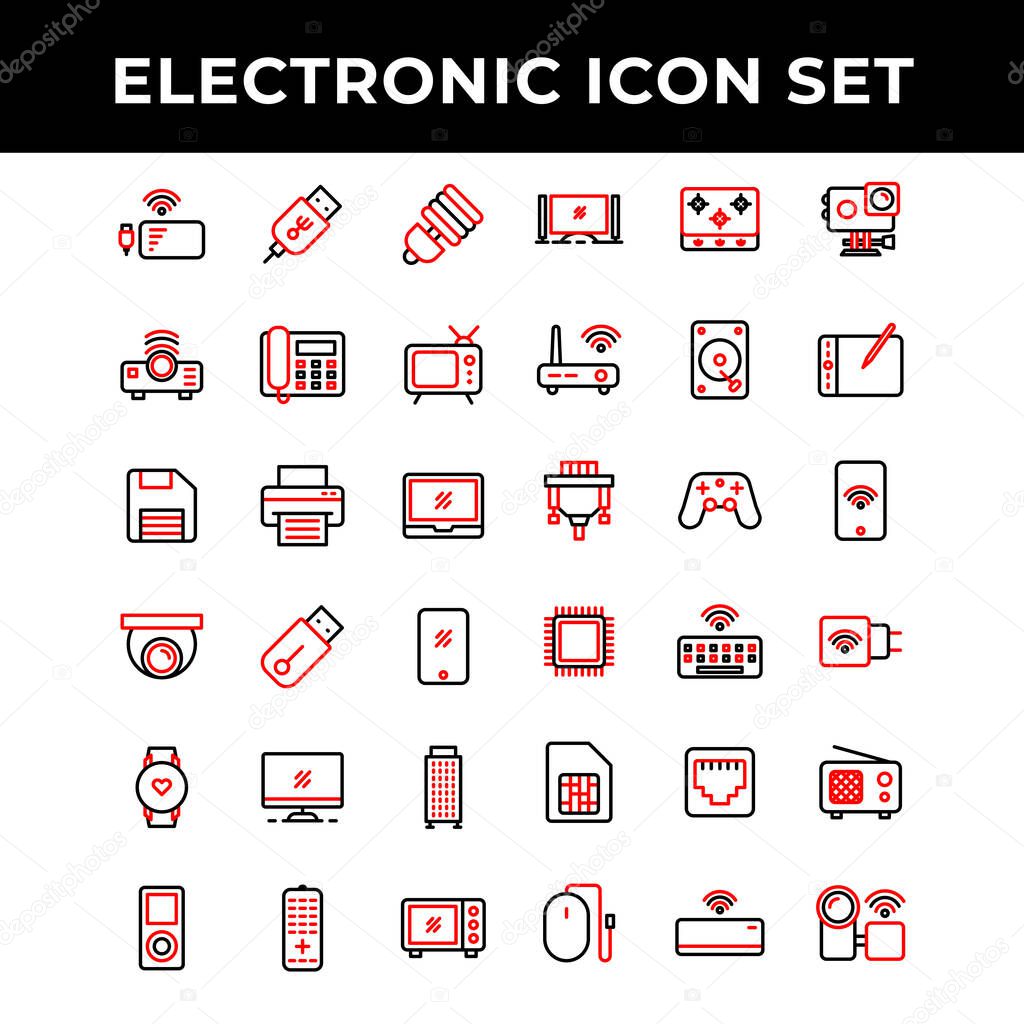electronic icon set include power bank,Port,lamp,Projector,telephone,television,storage,printer,laptop,camera,flash drive,smart phone,computer,music player,microwave,cooking stove,router
