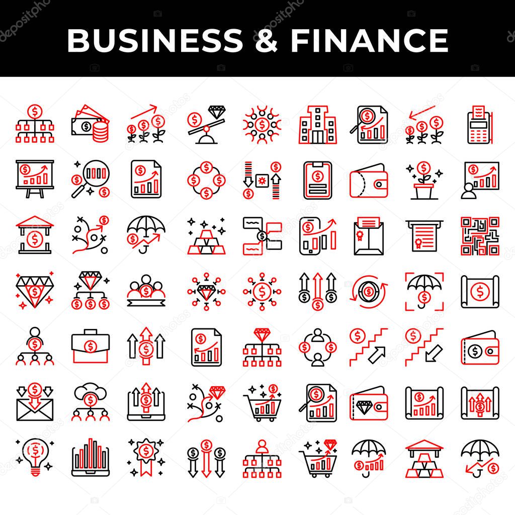 Business & finance icon set include teamwork, money, coin, payment, investment, tree, chart, meeting, office, search, analytic, note, document, bank, road, financial, umbrella, diamond, people