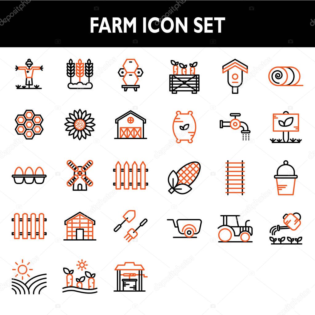 Farm icon set include scarecrow,agriculture,beehive,sun flower,egg,windmill,fence,plantation,carrot,birdhouse,hay,sprout,tractor,wheelbarrow