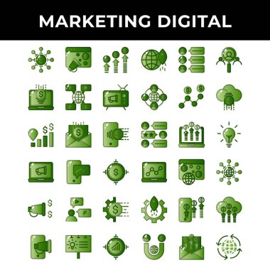 pazarlama dijital simgesi seti arasında tanıtım, reklam, posta, telefon, dizüstü bilgisayar, mikrofon, promosyon, vites, bayrak, hedef, ağ, para, dizüstü bilgisayar, fikir, posta