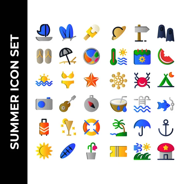 Літній Набір Іконок Включає Вітрильний Серфер Вершки Сніданків Тапочки Соняшник — стоковий вектор