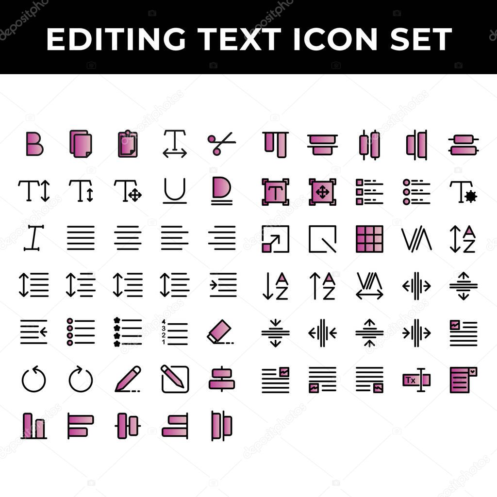 editing text icon set include text bold,document,paste,spacing,increase,redo,align,compose,distribute,scale,grid,kerning,layout