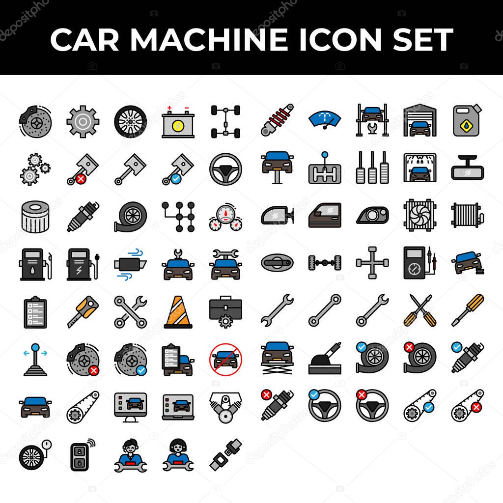 car machine icon set include brake, gear, wheel, battery, repair, part, piston, steering, filter, spark, turbo, transmission, speedometer, fuel, charge, exhaust, car, key, toolkit, cone, stick