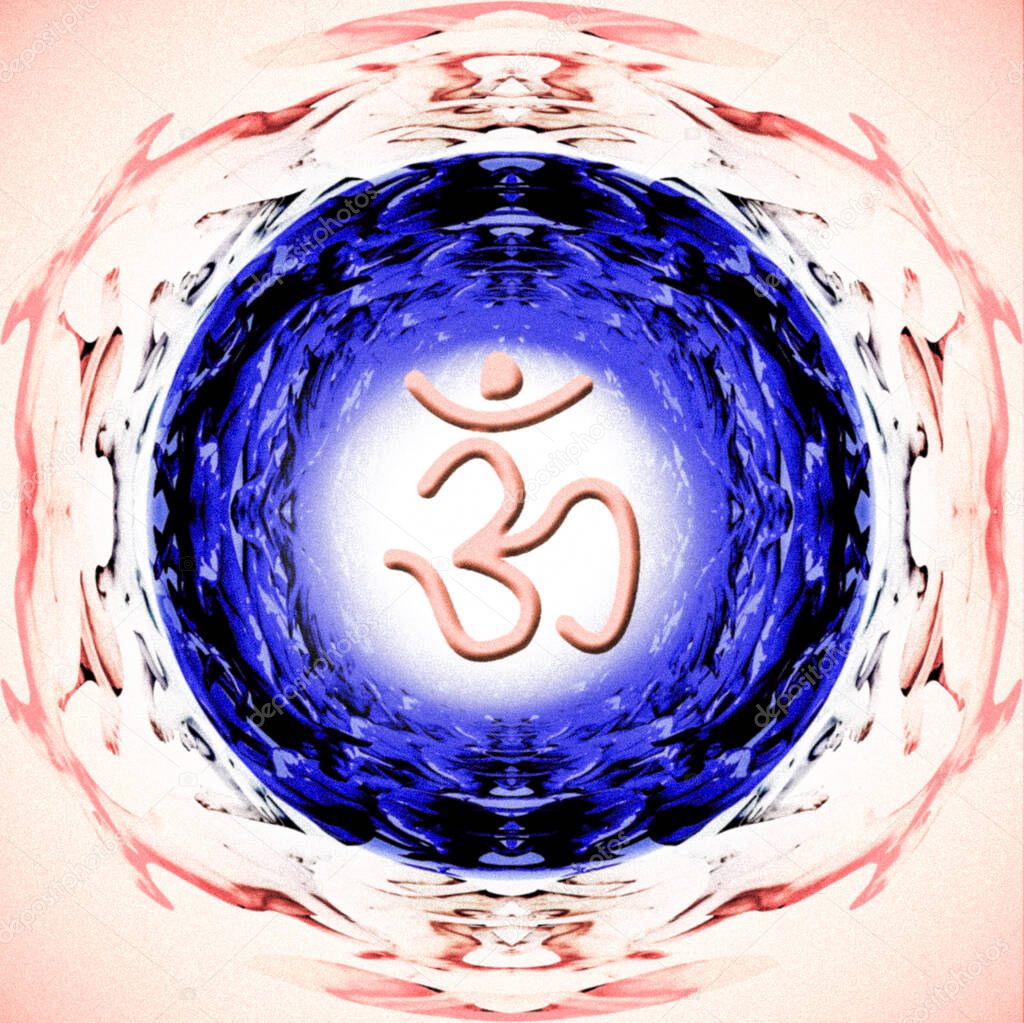 orange and blue background with hindu symbol om 
