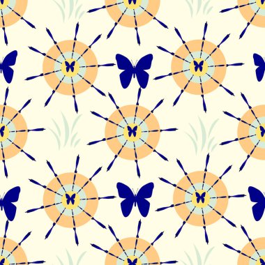 Kelebek ve grafiksel çiçek çarkı pürüzsüz desen 